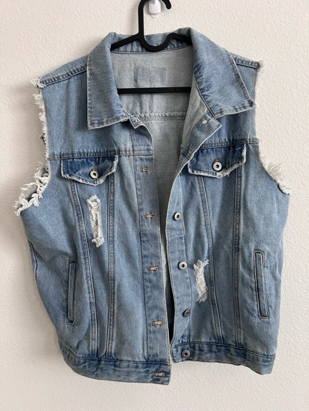 Distressed Light Wash Denim Vest - Blue
